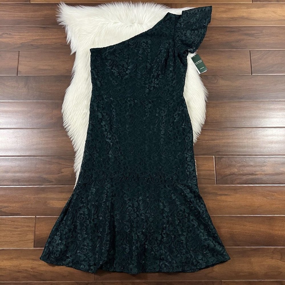 Lauren Ralph Lauren Women's Size 12 Dark Fern Aven Lace Midi Dress One Shoulder